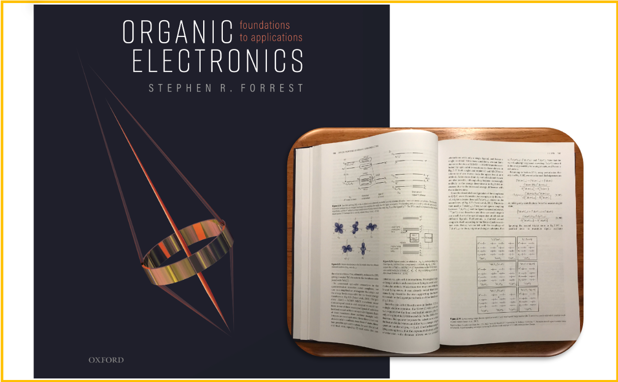 A photograph of the text book'Organic Electronics' opened to a page detailing spin-robit coupling overlaid on an image of the book cover