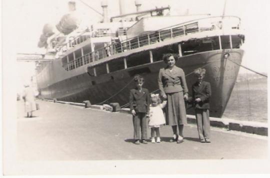 Siwiak family in Halifax, Nova Scotis, May 1956, in front of their Ship, the SS Ryndam