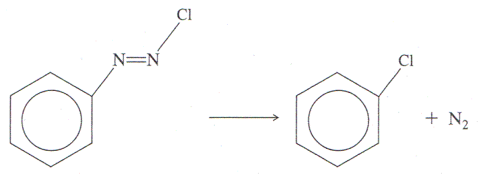 Chemical reaction showing an aromatic compound with a diazo group (N≡N) and chlorine, transforming into a chlorobenzene compound and releasing nitrogen gas (N2).
