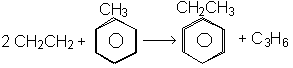 Chemical reaction where 2 molecules of CH2=CH2 react with toluene (CH3-benzene) to form ethylbenzene (CH2CH3-benzene) and propane (C3H6).