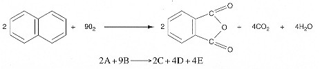 Chemical combustion reaction: 2A + 9O2 → 2C (product with benzene ring and carbonyl groups) + 4CO2 + 4H2O. Stoichiometric equation: 2A + 9B → 2C + 4D + 4E.