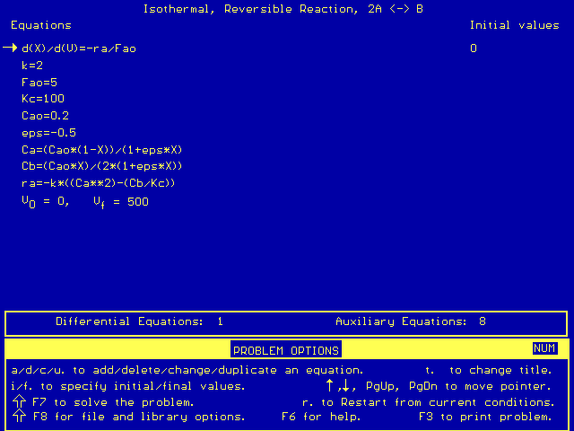 Screenshot of a blue interface showing equations for an isothermal, reversible reaction (2A <-> B). Differential equations, auxiliary equations, and options like add, delete, change equations, specify initial and final values, and solve the problem using F7 are displayed.