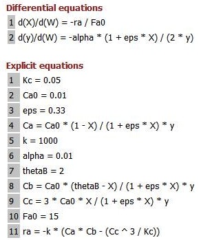 Text showing Differential and Explicit equations. Differential equations include d(X)/d(W) = -ra / Fa0 and d(y)/d(W) = -alpha * (1 + eps * X) / (2 * y). Explicit equations include parameters such as Kc = 0.05, Ca0 = 0.01, eps = 0.33, and complex equations like Ca = Ca0 * (1 - X) / (1 + eps * X) * y and ra = -k * (Ca * Cb - (Cc ^ 3 / Kc)).