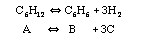 Chemical reaction equation: C6H12 is in equilibrium with C6H6 and 3H2. Below it, a simplified representation shows A is in equilibrium with B and 3C.