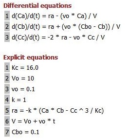 Two sections titled 'Differential equations' and 'Explicit equations'. Differential equations include d(Ca)/d(t), d(Cb)/d(t), and d(Cc)/d(t) with detailed formulas involving variables ra, vo, Ca, Cb, and Cc. Explicit equations include Kc = 16.0, Vo = 10, vo = 0.1, k = 1, ra = -k * (Ca * Cb - Cc^3 / Kc), V = Vo + vo * t, and Cbo = 0.1.
