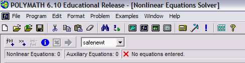 Screenshot of the POLYMATH 6.10 Educational Release window, showing the menu bar with options for File, Program, Edit, Format, Problem, and Help. The interface shows fields for entering equations with a label 'Nonlinear Equations Solver', along with controls for defining functions, an empty equation input field, and a status message indicating 'No equations entered'.