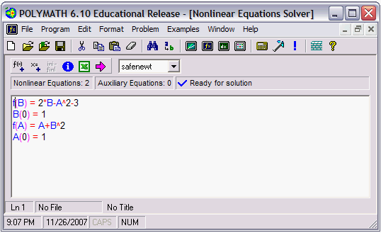 Screenshot of the POLYMATH 6.10 Educational Release window showing nonlinear equations for A and B. The equations displayed are f(B) = 2*B - A^2 - 3 and f(A) = A + B^2 with initial guesses for both A and B set to 1. The interface is marked as 'Ready for solution' with options for solving the equations.