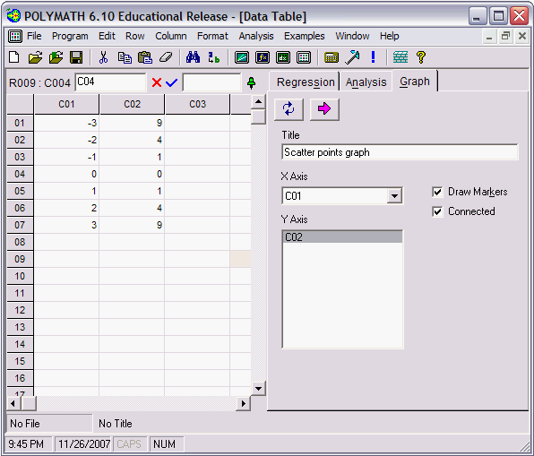Screenshot of the POLYMATH 6.10 Educational Release window displaying a data table with columns C01, C02, and C03. On the right, the graph settings are shown with the title 'Scatter points graph'. The X axis is set to C01, and the Y axis is set to C02. The options to 'Draw Markers' and 'Connected' are checked.