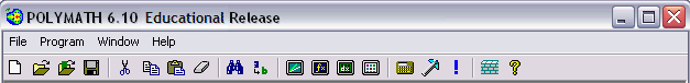 Screenshot of the POLYMATH 6.10 Educational Release window, showing the menu bar with options for File, Program, Window, and Help. Several icons are visible for functions like opening files, saving, cutting, copying, and accessing mathematical functions.