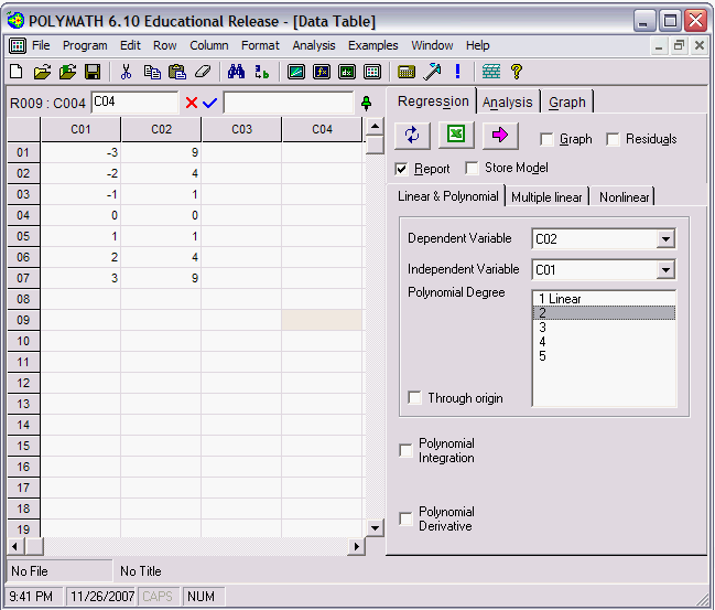 Screenshot of the POLYMATH 6.10 Educational Release window displaying a data table with columns C01 to C04. The regression settings on the right show that the dependent variable is C02 and the independent variable is C01, with an option to select polynomial degree (Linear, Polynomial degrees 2-5). Other options for Polynomial Integration and Derivative are also visible.