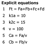 List of explicit equations including Ft = Fa + Fb + Fc + Fd, k1a = 10, k2c = 15, v = 100, Ca = Fa/v, and Cb = Fb/v.