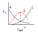 Graph showing the concentration of three substances (A, B, and C) over time, with A decreasing, B peaking at t_opt, and C increasing as time progresses.