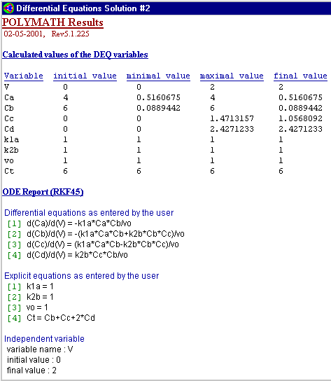 Screenshot of a POLYMATH Results page titled 'Differential Equations Solution #2'. The page displays calculated values of DEQ variables, including initial, minimal, maximal, and final values for variables such as V, Ca, Cb, Cc, Cd, kla, k2b, vo, and Ct. The ODE Report (RKF45) section lists differential equations and explicit equations as entered by the user, with parameters k1a, k2b, and vo set to 1. The independent variable is V, with an initial value of 0 and a final value of 2.