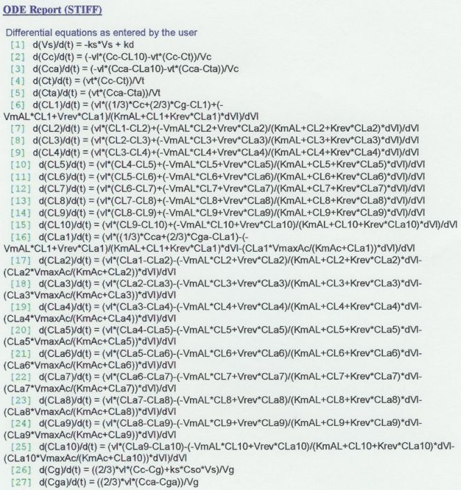 ODE Report (STIFF) displaying a list of differential equations entered by the user, including rate equations for variables such as Vs, Cc, Cca, Ctyd, Cta, CL, and Cga, formatted in a numbered list.