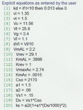 List of explicit equations entered by the user, including parameter definitions such as kd, vl, vt, Vc, Vt, Vg, VI, VmAL, Vrev, KmAL, Krev, VmaxAc, KmAc, Cso, a1, a2, Vs1, Ds, and ks, with conditional and algebraic expressions.