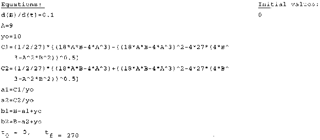 Mathematical equations defining differential equations and algebraic expressions. The equations involve parameters such as lambda (λ), initial values (yo), and constants (C1, C2). Expressions include square root terms, exponents, and algebraic manipulations related to variables A, B, and E. The final conditions are given as t0 = 0 and tf = 270.
