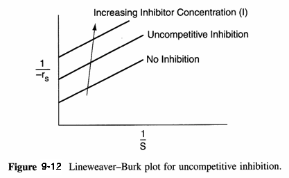 Lineweaver-Burk plot for uncompetitive inhibition, showing inverse reaction rate (1/-rs) versus inverse substrate concentration (1/S). The plot includes a 'No Inhibition' line and parallel lines indicating increasing inhibitor (I) concentrations leading to uncompetitive inhibition.
