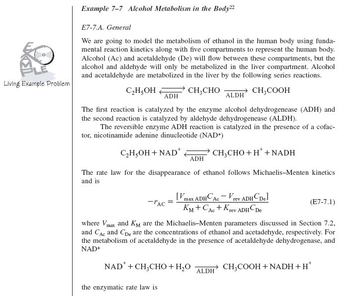 Page from a textbook showing Example 7-7: Alcohol Metabolism in the Body. It includes a description of ethanol metabolism, chemical equations for alcohol and aldehyde dehydrogenase reactions, and the Michaelis-Menten rate law for ethanol disappearance. The page also features a 'Living Example Problem' logo on the left.