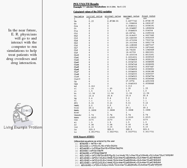 Textbook page showing POLYMATH results for Example 7-7 Alcohol Metabolism, including a table of DEQ variable values and an ODE report with differential equations. A sidebar notes that E.R. physicians may use computer simulations for drug overdose treatment. Features a 'Living Example Problem' logo.