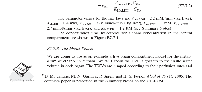 Textbook page showing equation (E7-7.2) for the rate of acetaldehyde metabolism, parameter values for the rate laws, and a description of a five-organ compartment model for ethanol metabolism. The page includes a 'Summary Notes' icon and a reference citation.