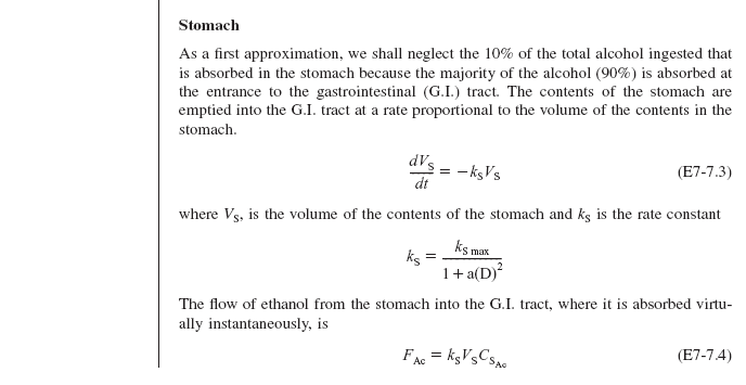 Textbook page discussing ethanol absorption in the stomach. It includes differential equations (E7-7.3 and E7-7.4) describing the rate of stomach content emptying into the gastrointestinal tract and ethanol flow using rate constant k_s.