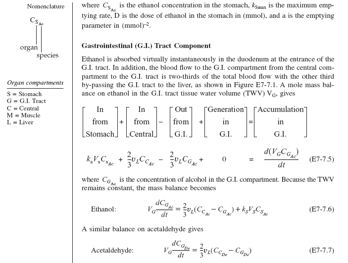 Textbook page discussing the gastrointestinal (G.I.) tract component in ethanol metabolism. It includes a mass balance equation (E7-7.5) for ethanol in the G.I. tract, followed by differential equations (E7-7.6 and E7-7.7) describing ethanol and acetaldehyde accumulation. A nomenclature box defines organ compartments: stomach (S), G.I. tract (G), central (C), muscle (M), and liver (L).