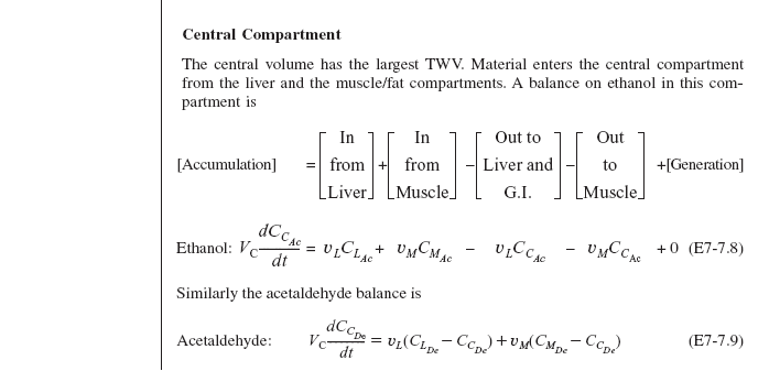 Textbook page discussing the central compartment in ethanol metabolism. It includes mass balance equations (E7-7.8 and E7-7.9) for ethanol and acetaldehyde, showing accumulation as a function of inflow from the liver and muscle, and outflow to the liver, G.I. tract, and muscle.