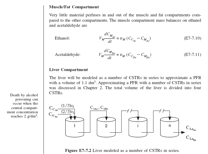 Textbook page discussing the muscle/fat and liver compartments in ethanol metabolism. It includes mass balance equations (E7-7.10 and E7-7.11) for ethanol and acetaldehyde in the muscle compartment. The liver is modeled as a series of CSTRs to approximate a PFR, with a diagram (Figure E7-7.2) showing ethanol and acetaldehyde flow through four compartments. A side note states that alcohol poisoning can occur when the central compartment concentration reaches 2 g/dm³.