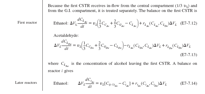Textbook page discussing ethanol and acetaldehyde balance equations for the first and later CSTRs in the liver. Includes equations (E7-7.12, E7-7.13, and E7-7.14) describing ethanol and acetaldehyde concentration changes in the first reactor and subsequent reactors in series.