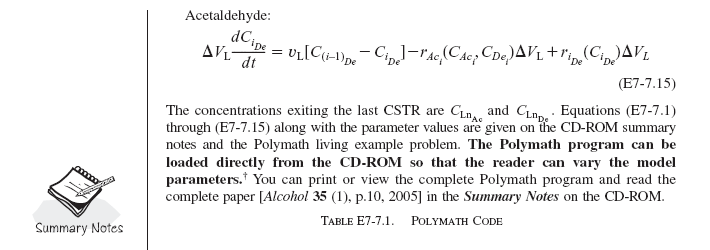 Textbook page discussing the final acetaldehyde balance equation (E7-7.15) for the last CSTR in the liver. Mentions that concentrations exiting the last reactor are C_LnAc and C_LnDe. Notes that the Polymath program can be loaded from the CD-ROM to vary model parameters. Includes a 'Summary Notes' icon.