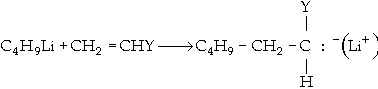 Chemical reaction showing the reaction of C4H9Li with CH2=CHY, resulting in the formation of C4H9-CH2-C:(Li+), where C is bonded to Y and H.