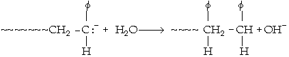 Chemical reaction showing the reaction of a polymer chain with CH2-C:- (where C is bonded to φ and H) and H2O, resulting in a polymer chain with CH2-CH bonded to two φ groups and OH- as a byproduct.