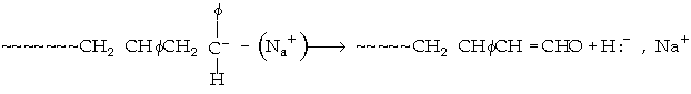 Chemical reaction showing a polymer chain with CH2-CHφCH2-C-H (where C is bonded to Na+) transforming into a polymer chain with CH2-CHφCH=CHO along with H:- and Na+ as byproducts.