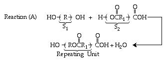 Reaction (A) showing the formation of a repeating polymer unit from HO-{R}-OH and H-{OCR1}-COH with water as a byproduct.