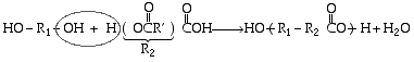 Chemical reaction showing HO-R1{OH + H} reacting with O=C(R')OCR2 COH to form HO-R1-R2-CO and H2O.