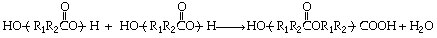 Chemical reaction showing HO-{R1R2CO}-H reacting with HO-{R1R2CO}-H to form HO-{R1R2CO R1R2}-COOH and H2O.
