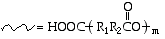 Chemical equation representing a polymer with a carboxyl (-COOH) end group and repeating {R1R2CO} units.