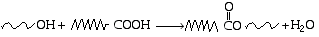 Chemical reaction showing an esterification process where an alcohol (-OH) reacts with a carboxyl (-COOH) group to form an ester (-COO-) and water (H2O).