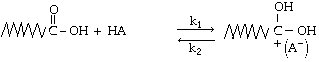 Chemical reaction showing an equilibrium between a carboxyl (-COOH) group and an acid (HA), leading to the formation of a hydroxylated (-OH) intermediate and conjugate base (A-), with forward and reverse rate constants k1 and k2.