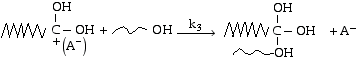 Chemical reaction illustrating hydroxyl (-OH) addition to a carboxyl (-COOH) group, forming a new hydroxylated structure, with the release of an anion (A-) and reaction rate constant k3.