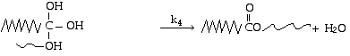 Chemical reaction showing hydroxylated carbon (-C-OH) undergoing a reaction with rate constant k4, leading to the formation of a carboxyl (-CO) group and water (H2O) as a byproduct.
