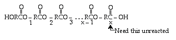 Polymer structure with repeating ester units labeled as RCO, ending in an unreacted hydroxyl group, annotated with 'Need this unreacted'.