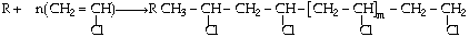 Polymerization reaction showing the addition of n(CH2=CH) to an R group, forming a repeating polymer chain with substituted groups along the backbone.