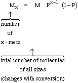 Equation for Mx showing M times P raised to (x-1) times (1-P), with annotations explaining 'number of x-mers' and 'total number of molecules of all sizes (changes with conversion)'.