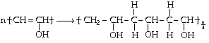 Polymerization reaction of vinyl alcohol, showing a monomer unit with a CH2-CH structure and an OH side group polymerizing into a long chain structure with repeating CH, CH2, and OH functional groups.