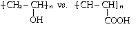 Comparison of two polymer structures: one with a hydroxyl (-OH) side group and the other with a carboxyl (-COOH) side group attached to a repeating CH2-CH backbone.