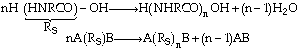 Chemical reaction equation showing polymerization process with hydroxyl (OH) and amide (NHRCO) groups forming a polymer and releasing water.