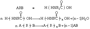 Polymerization reaction equation showing the formation of a polymer from H(NHR1C)OH, with water as a byproduct.