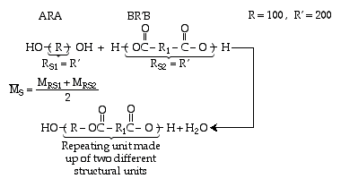 Polymerization reaction equation showing the formation of a polymer from HO-{R}-OH and H-{OC-R1-C-O}-H, resulting in a repeating unit made up of two different structural units with water as a byproduct. R = 100, R' = 200.