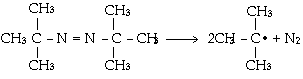 Chemical reaction showing the decomposition of an organic peroxide into radicals.